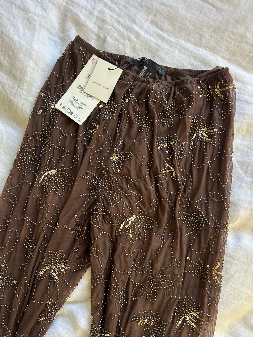 Zara Brown Midi Skirt with Gold and Silver Sequin Floral Detail